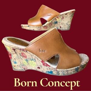 Born Concept Brown leather Bohemian Floral Wedge Sandals. Size 10 Good preowned!